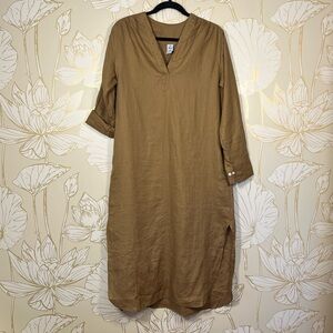 Felix Relaxed 100% Linen Midi Dress in Camel - Size Medium